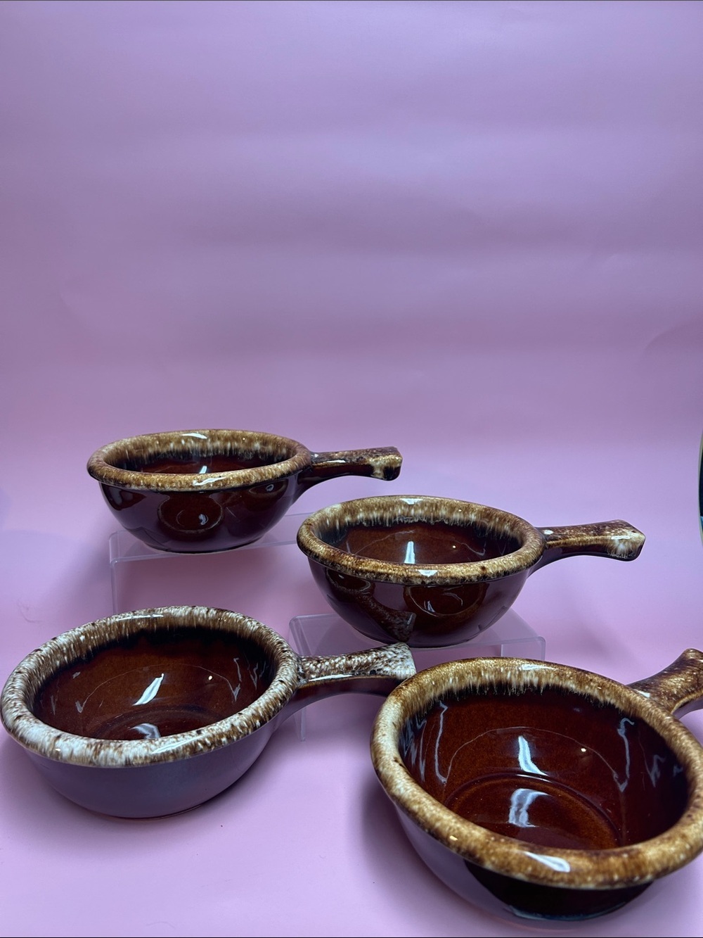 Set of 4 Vintage Hull Pottery Oven Proof USA Brown Drip Sauce Pan with Handle